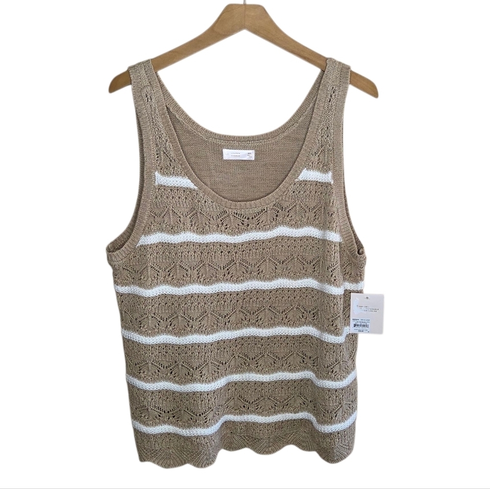 NWT LC Lauren Conrad Tan White Pointelle Knit Striped Sweater Tank Top Size XXL